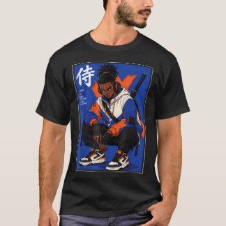 Svart Anime Samuraj Streetwear Afro T Shirt