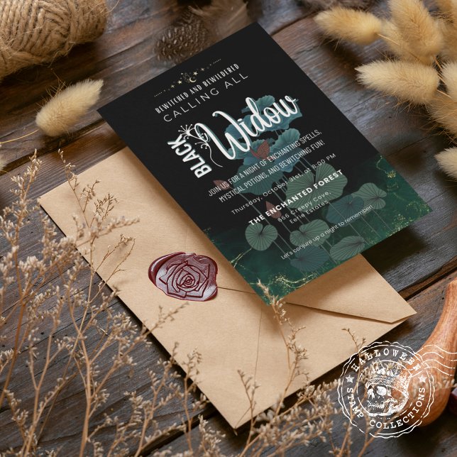 Svart änk bewitched och bewilderade Lotus Löv Inbjudningar (Black Widow Bewitched and Bewildered Lotus Leaf Invitation cover from The Beekeeper Store)