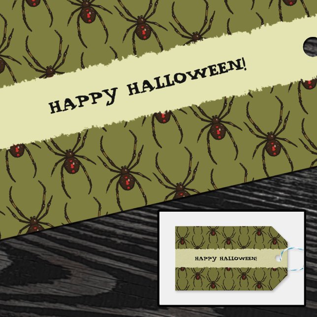 Svart änkespindel Glad Halloween Pixelmönster Presentetikett (Skapare uppladdad)