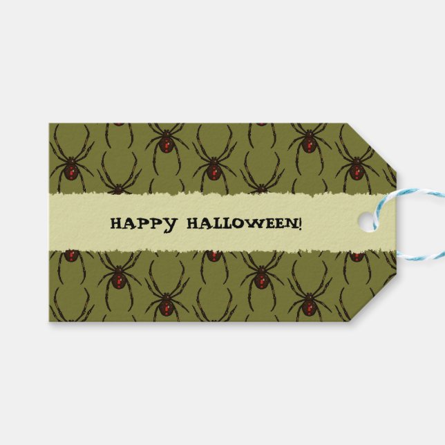 Svart änkespindel Glad Halloween Pixelmönster Presentetikett (Framsidan (Horisontell))