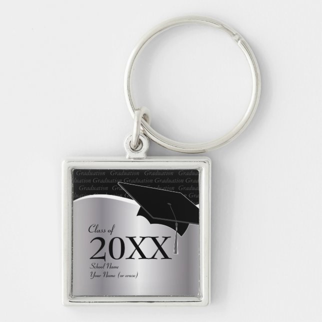 Svart anpassade och silverstudenten Keychain Fyrkantig Silverfärgad Nyckelring (Framsidan)