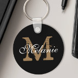 Svart, anpassat namn, Monogram Söt Classy-skript f Nyckelring<br><div class="desc">Skapa din egen personlig svart runt nyckelkedja med kalligrafiskriptet namn och monogram för söt i anpassningsbar.</div>