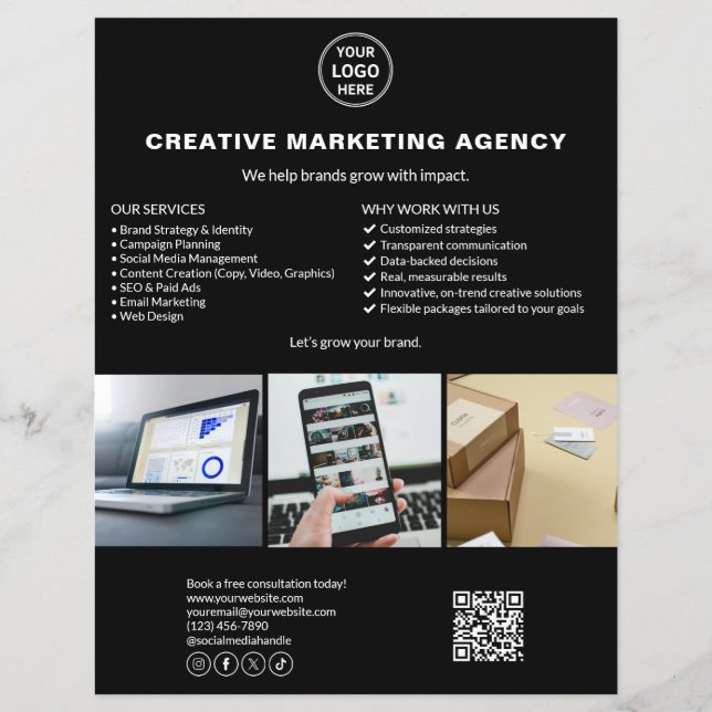 Svart Anpassningsbar Logotyp Foto QR Marknadsförin Reklamblad (Framsidan)
