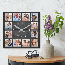 Svart Anpassningsbar Photo Collage Elegant Fyrkantig Klocka