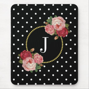 Svart antik blom- polka dotsMonogram för elegant Musmatta