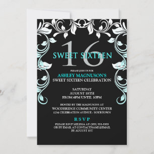 Svart/Aqua Vines Sweet 16-inbjudan Inbjudningar