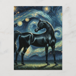 Svart arabisk häst i Van Gogh stjärnnatt Vykort