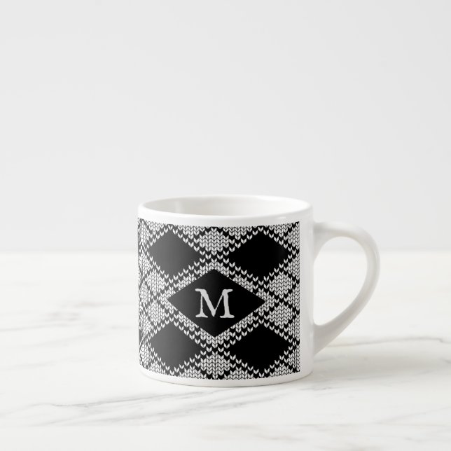 SVART ARGYLE-STICKAD Espressokopp + Initial (Höger)