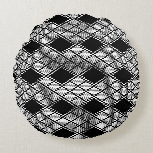 SVART ARGYLE-STICKAD Rund Kuddthrow Kudde (Framsidan)
