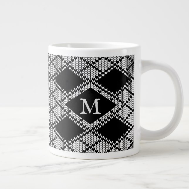 SVART ARGYLE-STICKAD Stor mugg + Initial  Jumbo Mugg (Höger)