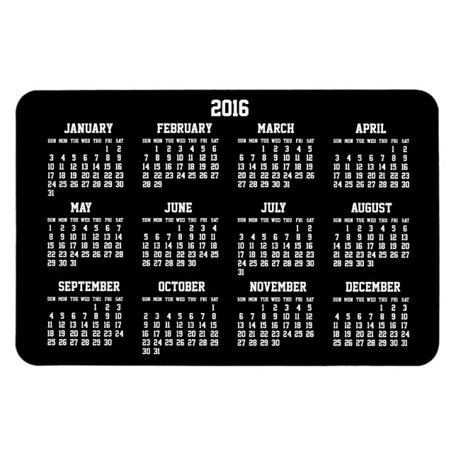 Svart årskalender 2016 Stora flexibla magneter (Horisontell)