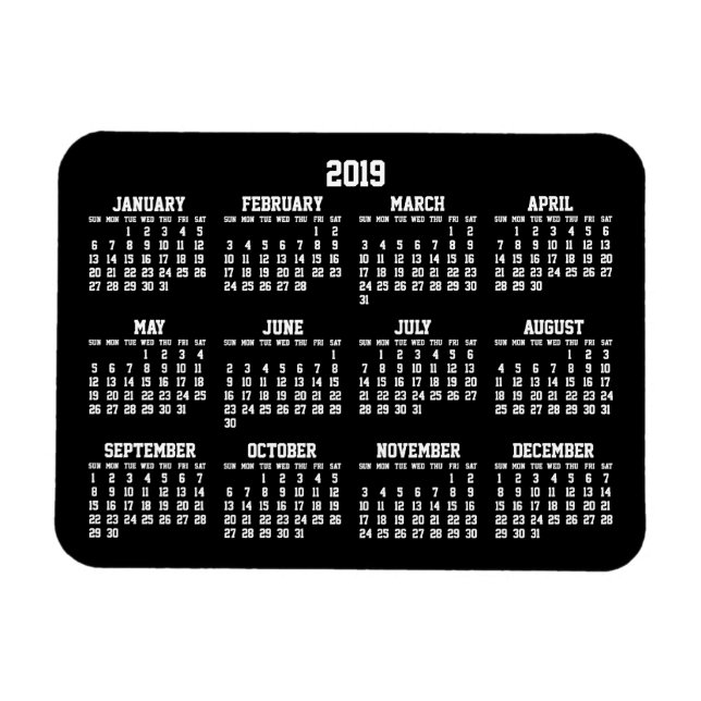 Svart årskalender 2019 Liten flexibel magnet (Horisontell)