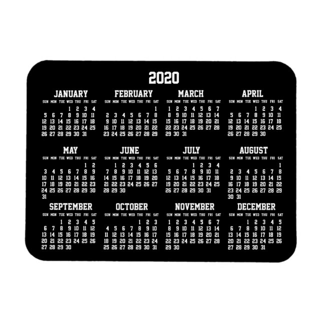 Svart årskalender 2020 - små, flexibla magneter (Horisontell)
