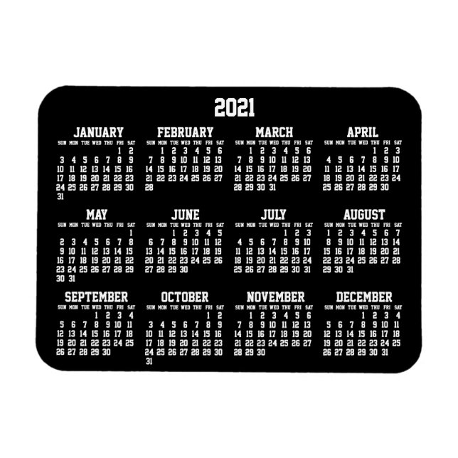 Svart årskalender 2021 - små, flexibla magneter (Horisontell)