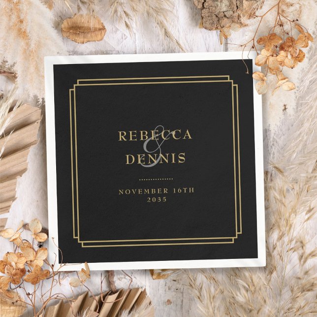 Svart Art Deco Bröllop i Guld Pappersservett (Black And Gold Art Deco Wedding Napkins)