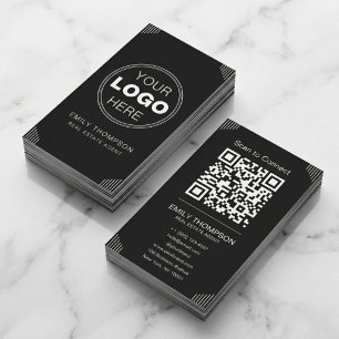 Svart Art Deco Minimal QR Kontakt Design Visitkort