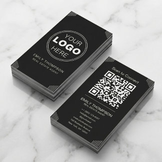 Svart Art Deco Minimal QR Kontakt Design Visitkort
