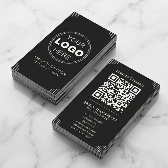 Svart Art Deco Minimal QR Kontakt Design Visitkort (Black Luxury QR Code Business Card | Minimalist Art Deco Branding)