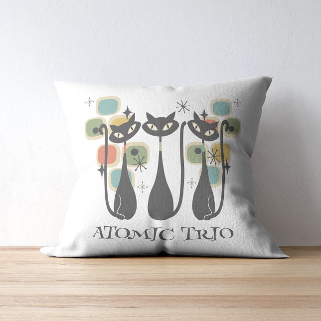 Svart atomkatjonkateter i retro MCM-centret Kudde (Retro Mid Century Black Atomic Cats MCM Throw Pillow)