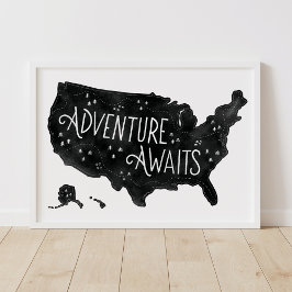 Svart äventyr väntar US Karta Barnkammardekor Poster
