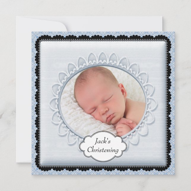 Svart Baby blue Boys Photo Christening-inbjudan Inbjudningar (Framsida)