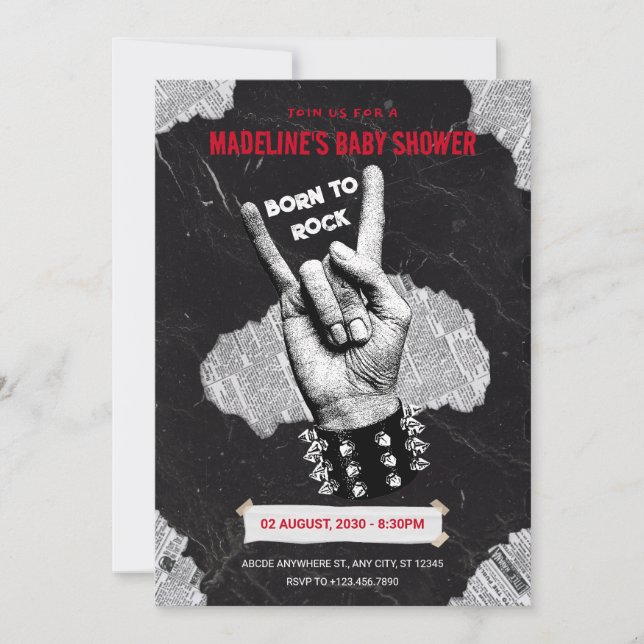 Svart babydusch i Sten metall Inbjudningar (Framsida)