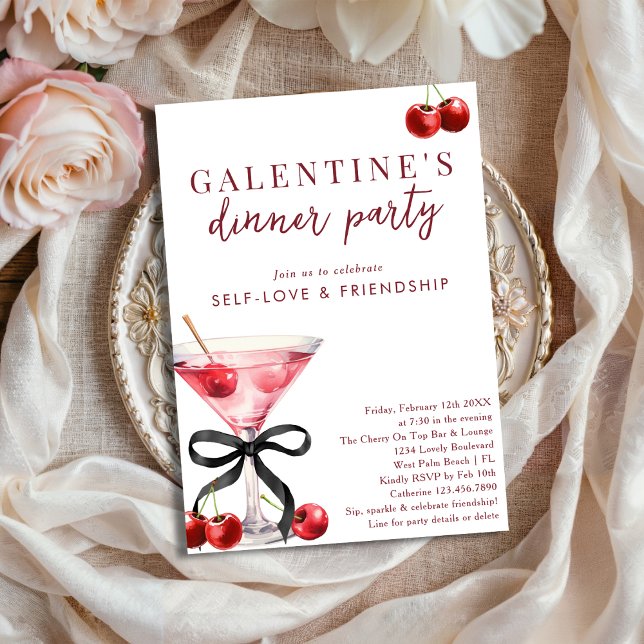 Svart Båg Körsbärs Martini Galentines Middagsparty Inbjudningar (Skapare uppladdad)