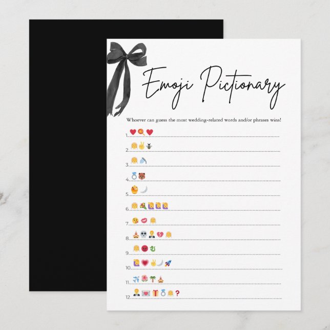 Svart Båge Bröllopsdusch Emoji Pictionary-spel Inbjudningar (Fram/baksida)