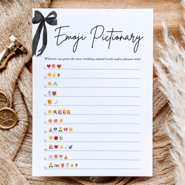 Svart Båge Bröllopsdusch Emoji Pictionary-spel Inbjudningar (Black Bow Bridal Shower Emoji Pictionary Game)