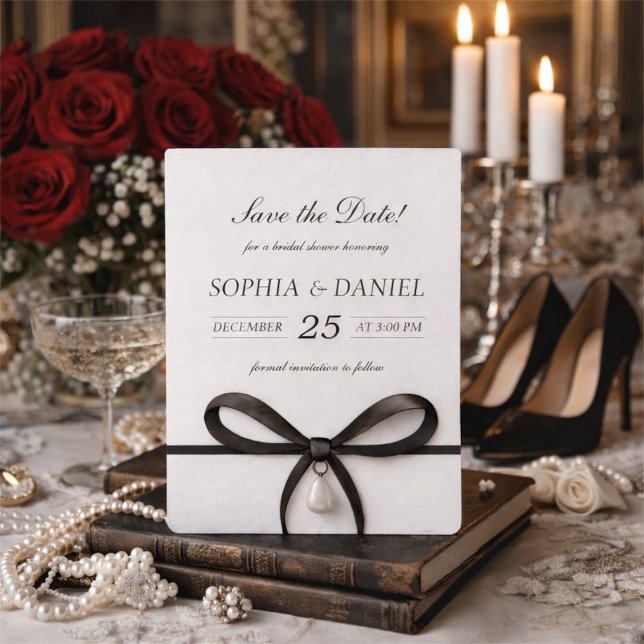 Svart båge med pärlor i gammaldags penningstil brö spara datumet (Black Bow With Pearl Old Money Style Bridal Shower Save The Date)