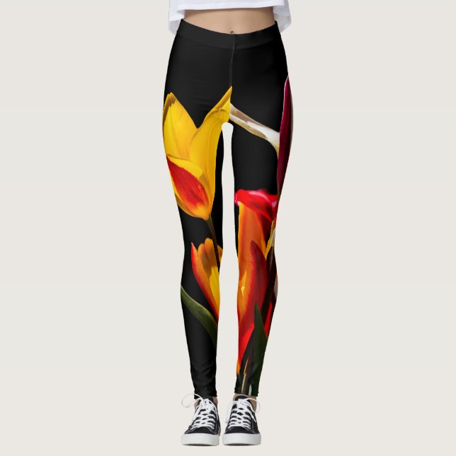 Svart bakgrund av tulpanblommor leggings (Framsida)
