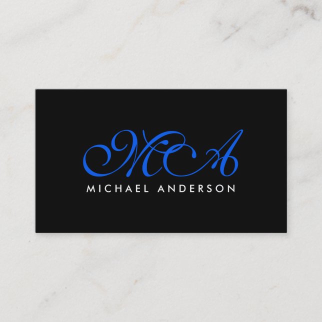 Svart bakgrund för mörk blått Monogram-Elegant Visitkort (Framsida)
