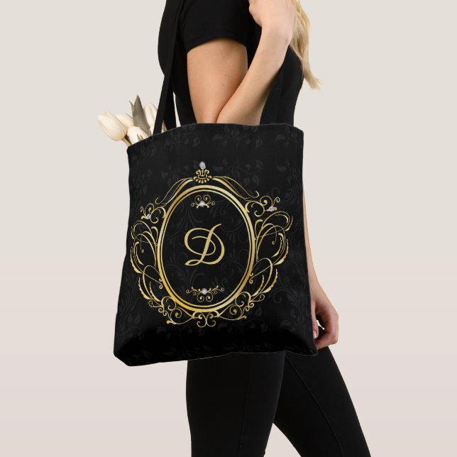 Svart bakgrund Guld vintage ram med monogram Tygkasse (Närbild)