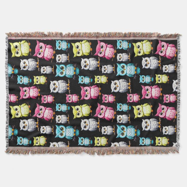 Svart bakgrund i Uggla, färgstark Mönster Filt (Framsidan)