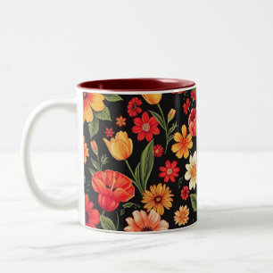 Svart bakgrund med blommor Två-Tonad mugg