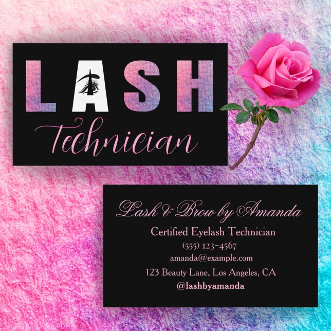 Svart bakgrund med fet Lilac Rosa Lash Tech Design Visitkort (Skapare uppladdad)
