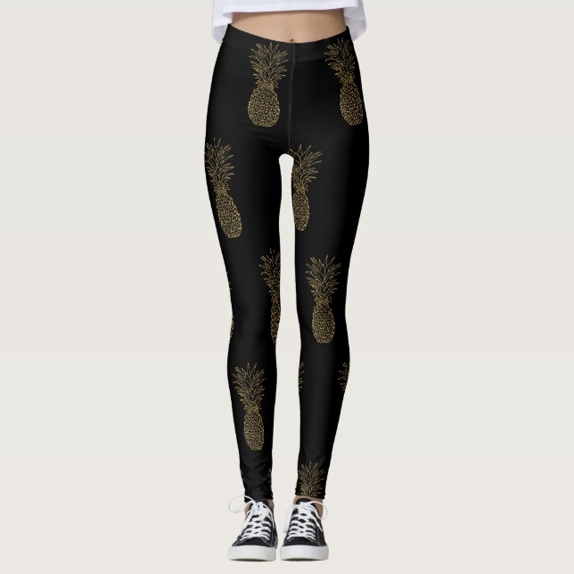 Svart baljväxter Guld Metallisk ananas Leggings (Framsida)