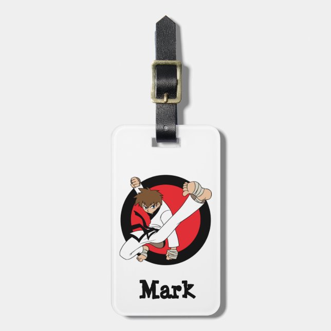 Svart bälteKarate/Ninja brunettpojke Bagagebricka (Vertikal Framsida)