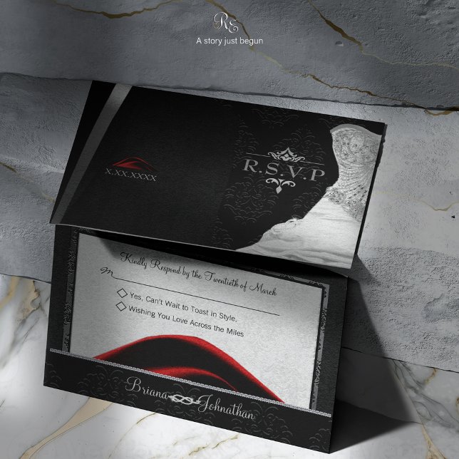Svart Band Diamant OSA Kort (Black Tie Diamond RSVP, featuring tuxedo and gown design with diamond love knot and fleur-de-lis.)