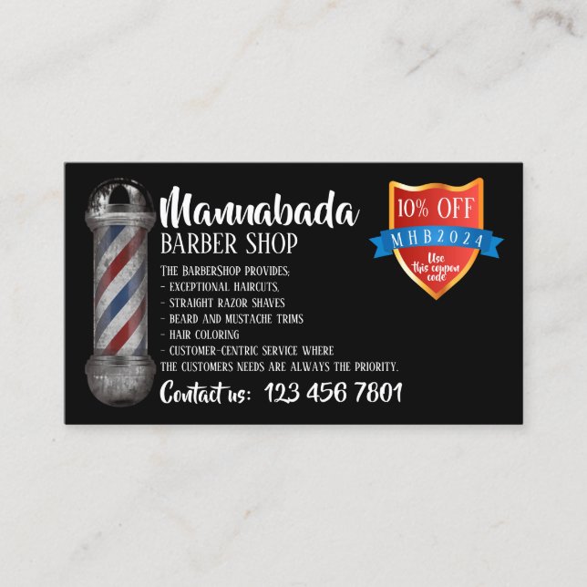 Svart barberarstångs leveransbutik kupongkod visitkort (Framsida)