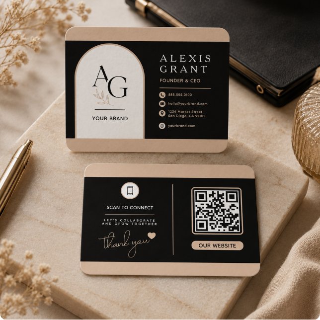 Svart Beige Lyx QR-varumärke Tidsbeställning Kort (Black Beige Luxury QR Branding Appointment Card)