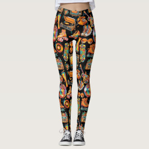 Svart BG för Retro Beat Patternx4 Leggings