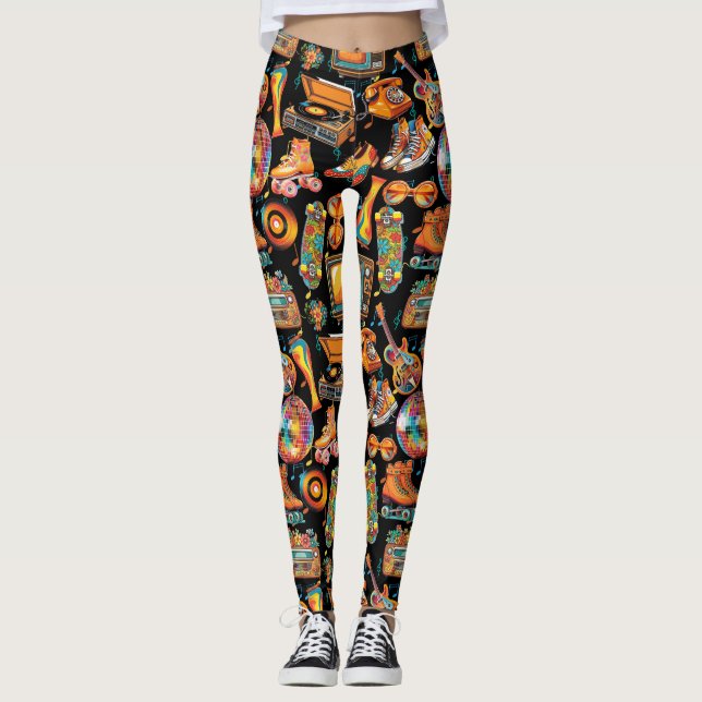Svart BG för Retro Beat Patternx4 Leggings (Framsida)