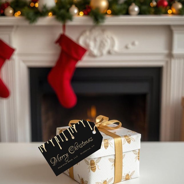 Svart bijulljul märkre guld som droppar honung presentetikett (Skapare uppladdad)