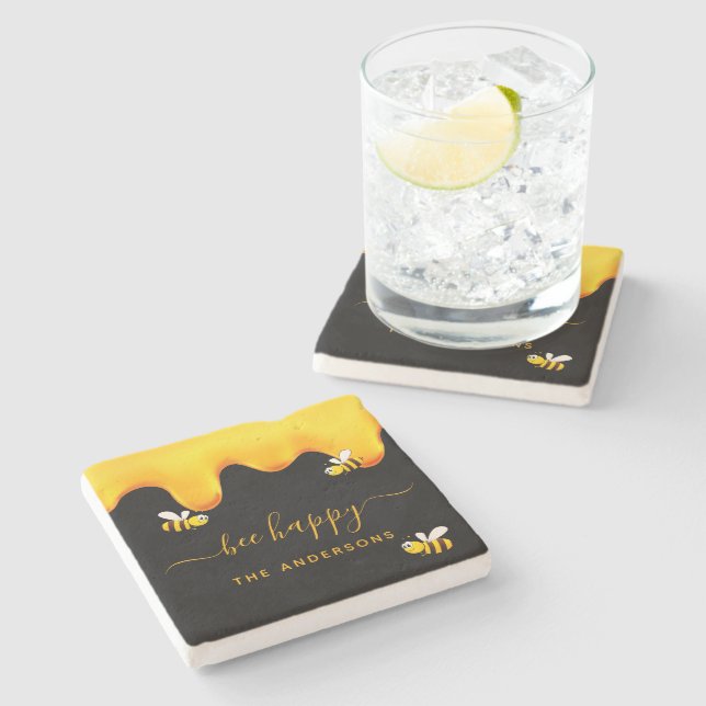 Svart bin lycklig humla honungsmonogram (söthonung stenunderlägg (Sidan)