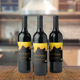 Svart bin lyckliga humlor söt honung monogram vinflaska etikett