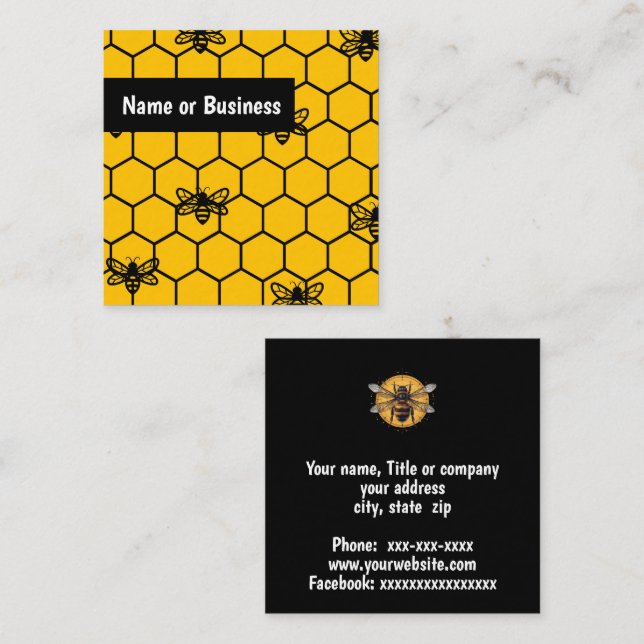 Svart bin på gult fyrkantigt visitkort (Fram/baksida)