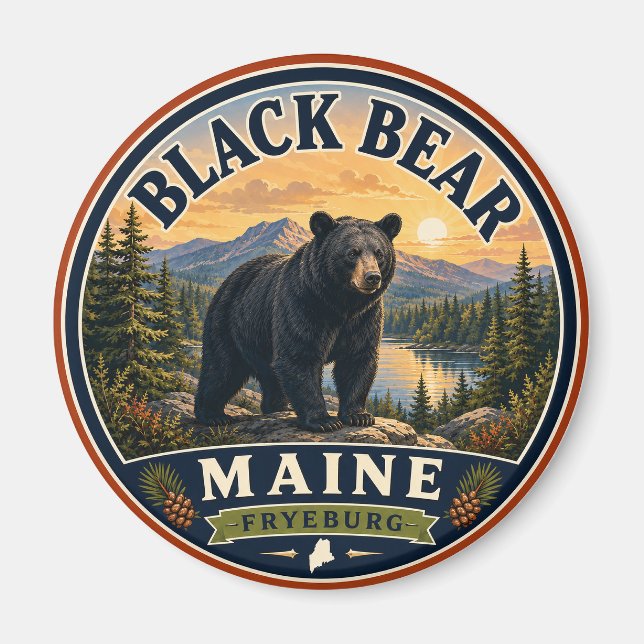Svart Björn Fryeburg Maine Rund Magnet (Framsidan)