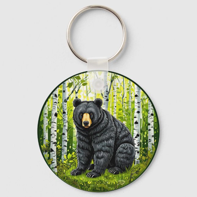 Svart björn i en björkskog nyckelring (Framsida)