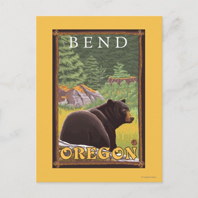 Svart björn i skogen - krökning, Oregon Vykort (Framsida)